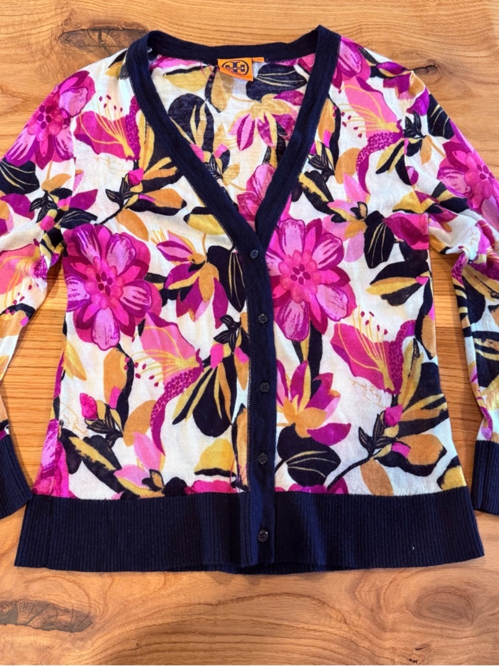 Tory Burch Floral V-Neck Cardigan in Pink, Navy & Gold